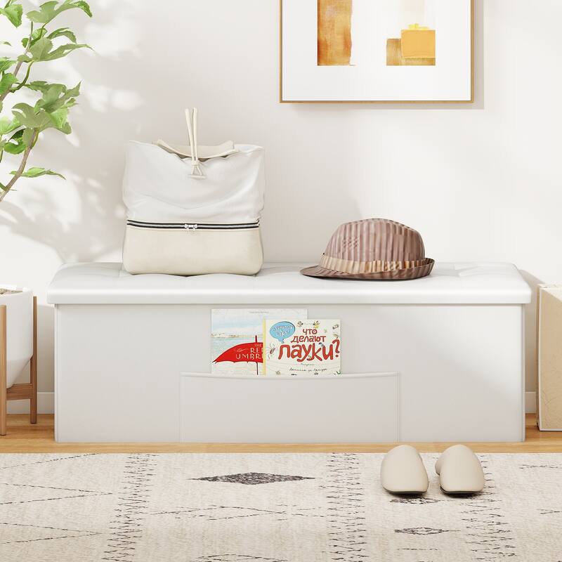 43 Inch PU Leather Storage Ottoman Bench with 38 Gallon Capacity Removable Divider and Foam Cushion for Living Room Entryway
