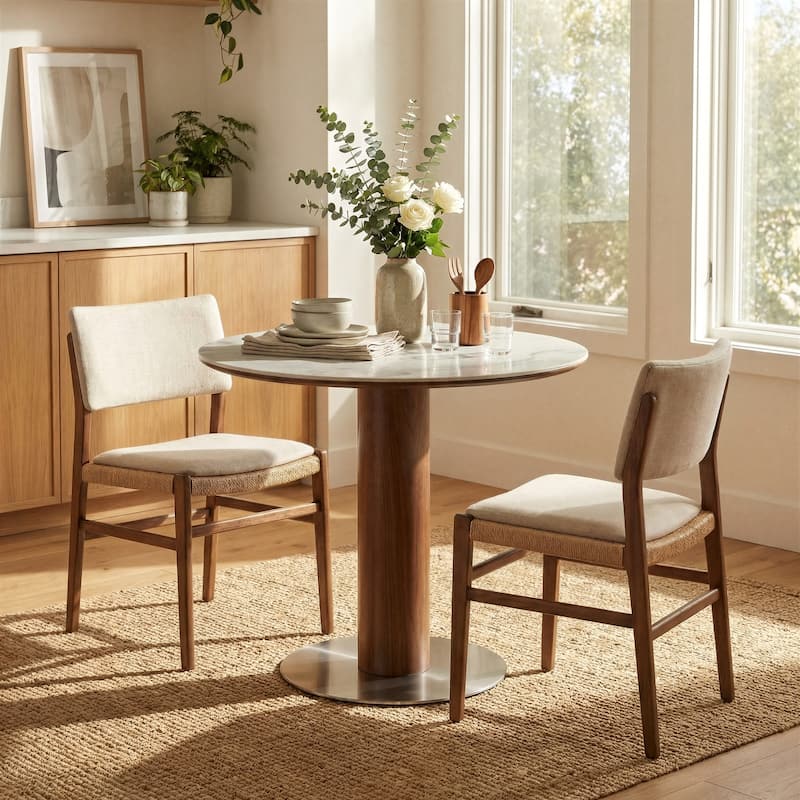 31.5" Solid Wood Round Dining Table for 2-4, Small Circle Kitchen Table with Stainless Steel Pedestal, Sintered Stone Top - White and Walnut - 31.5" Dia. x 29.53" H