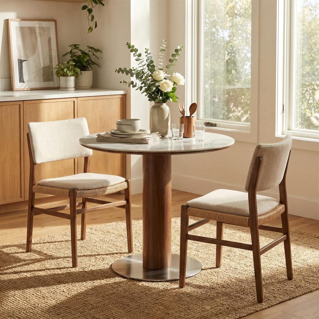 31.5" Solid Wood Round Dining Table for 2-4, Small Circle Kitchen Table with Stainless Steel Pedestal, Sintered Stone Top