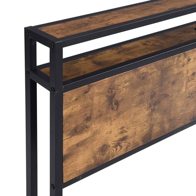 Noise Free Metal/Wood Platform Bed Frame with 2 USB Ports, Modern Industrial LED Lights Headboard Bed Frame with Shelf