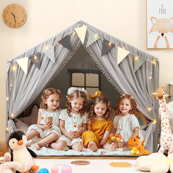 slide 2 of 8, Grey Large Toddler Playhouse Tent with Door Curtains Windows and Star String Light - 57.5" x 38" x 52.5" Kids