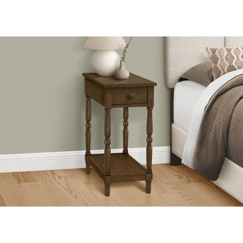 Accent Table, 2 Tier, End, Side Table, Nightstand, Bedroom, Narrow, Lamp, Storage Drawer, Brown Veneer, Traditional