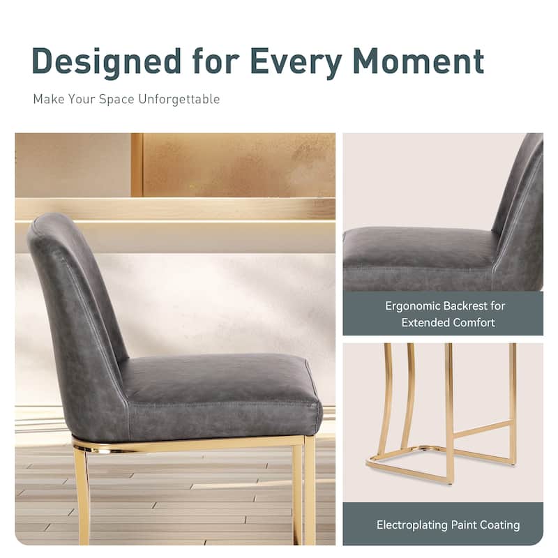 Bar Stool PU Leather Upholstered Dining Chair Middle Back Kitchen Stool Modern with Gold Polished Frame