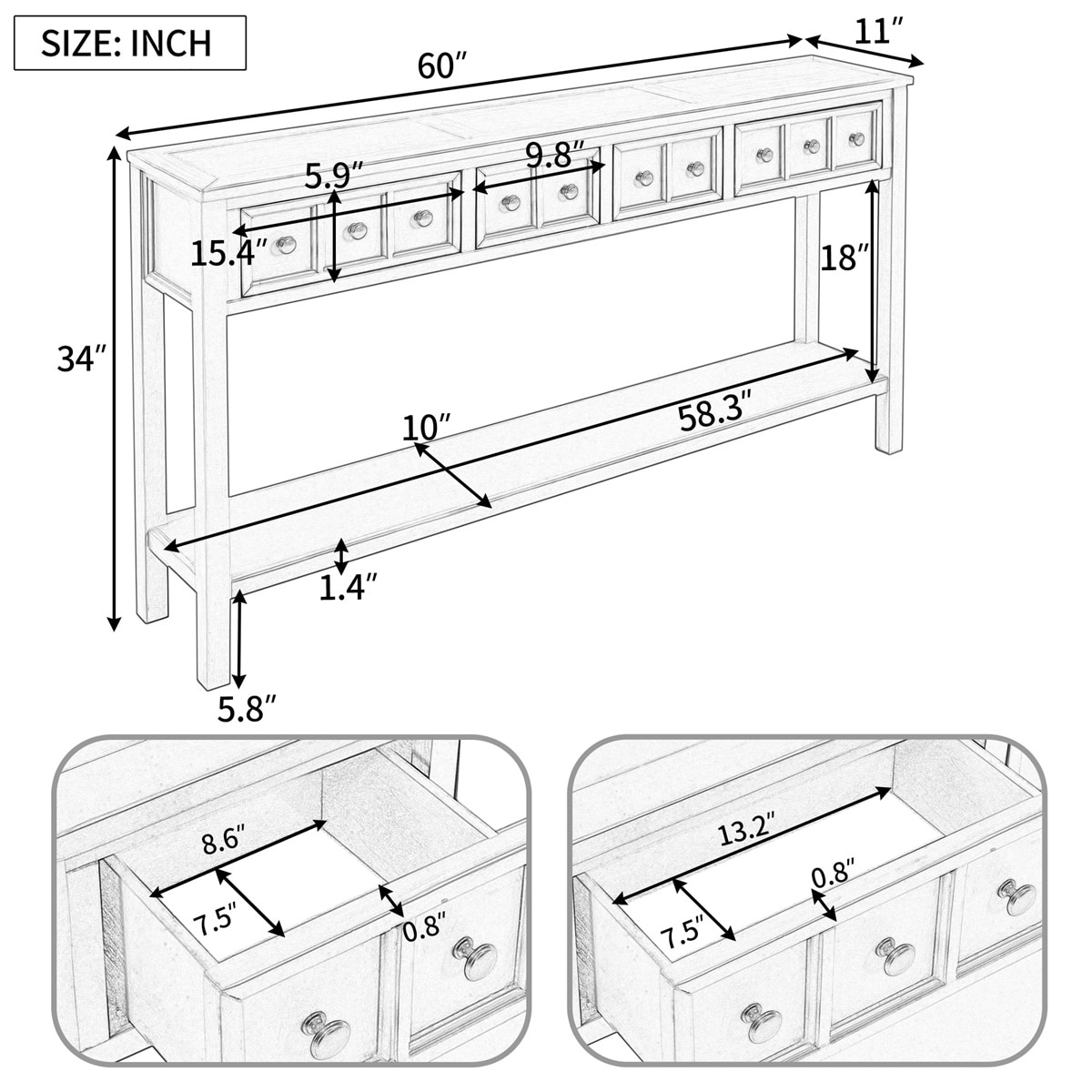 Merax 60" Long Console Table with Different Size Drawers and - Picture 11 of 25