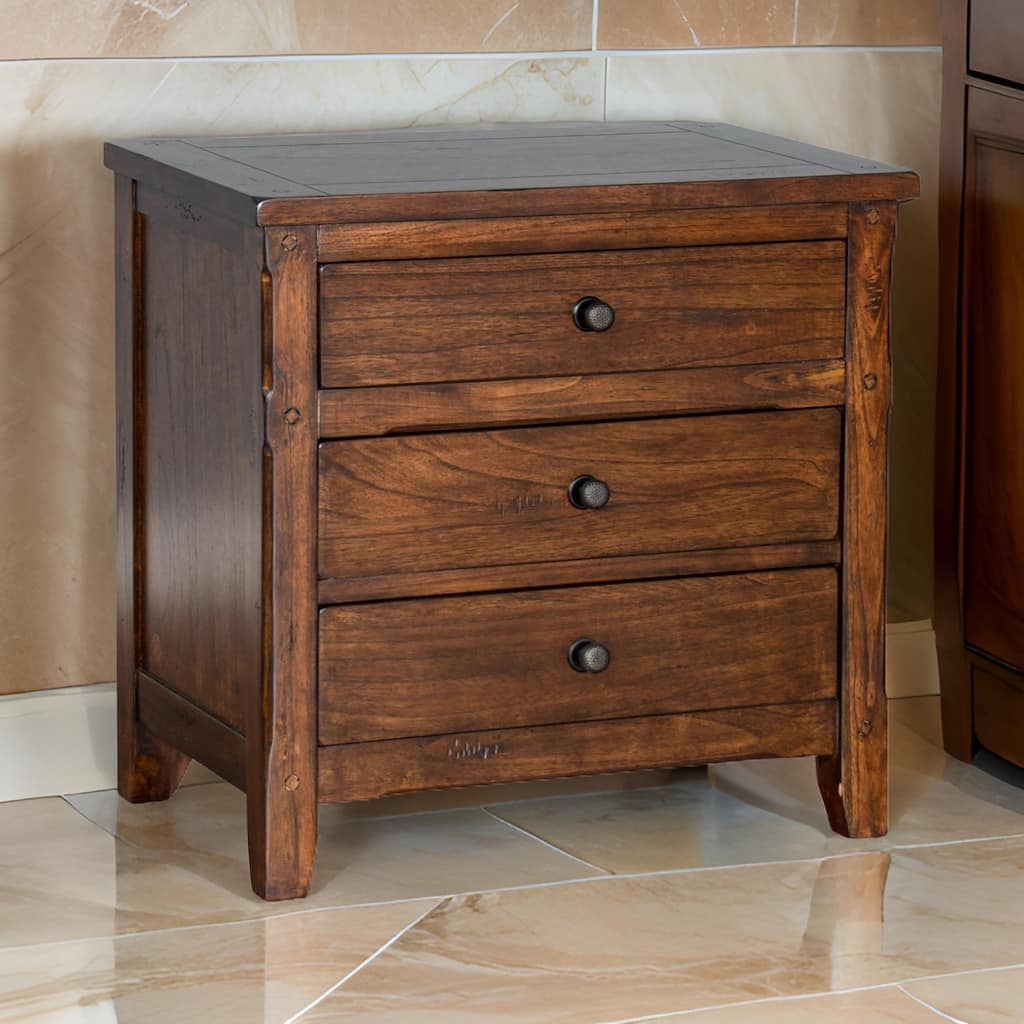 Odell Nightstand, 3 Drawers, Bronze, Rustic Dark Brown Solid Wood