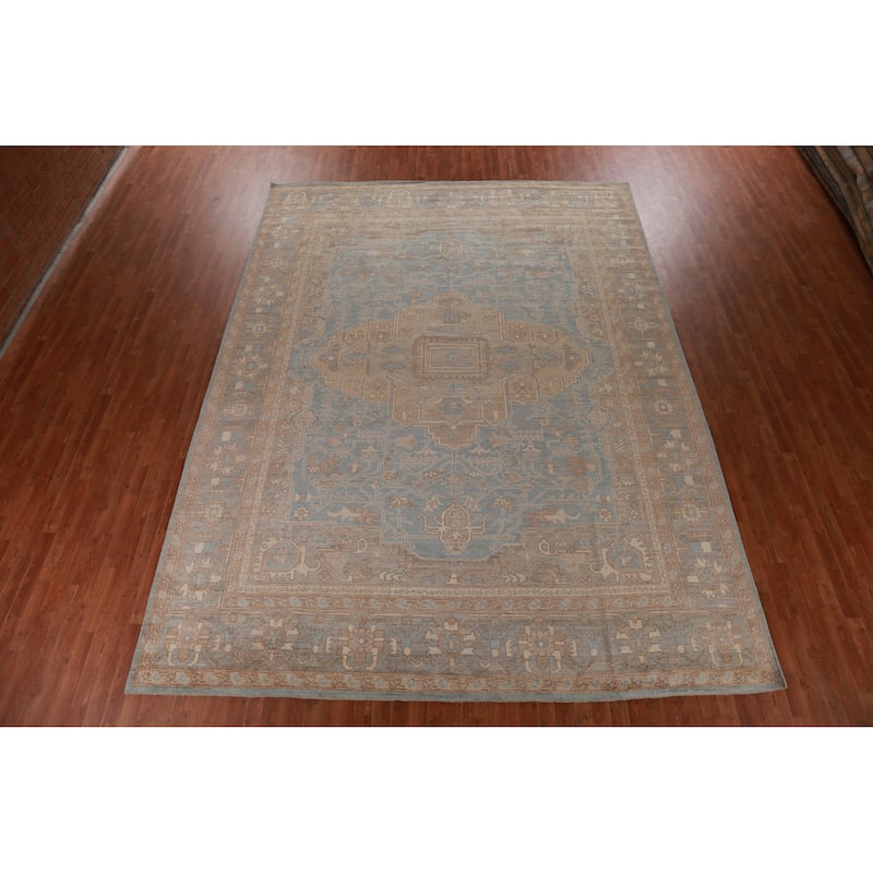 Vegetable Dye Oushak Turkish Rug Blue Handmade Bedroom Wool Carpet - 10'4" x 13'11"