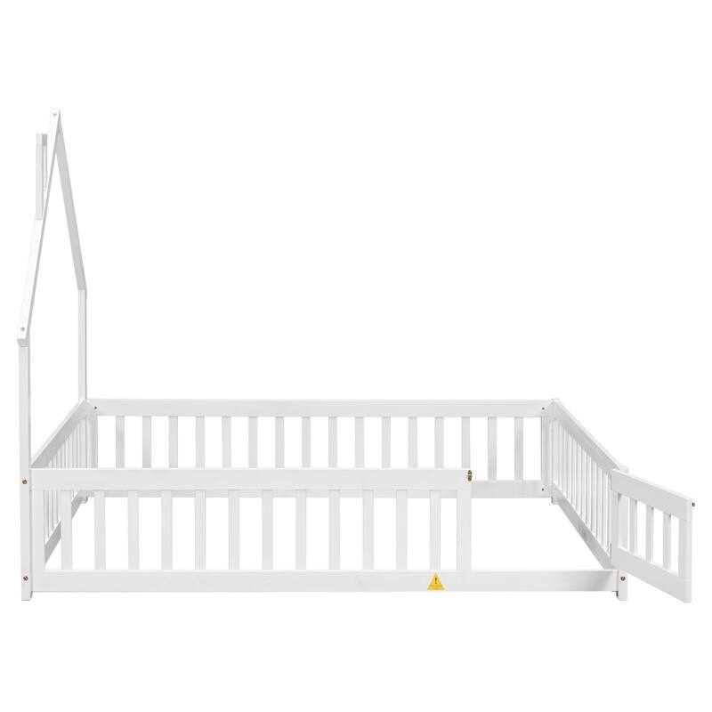 House-Shaped Full Floor Bed Frame with Fence Guardrails, Grey Wood