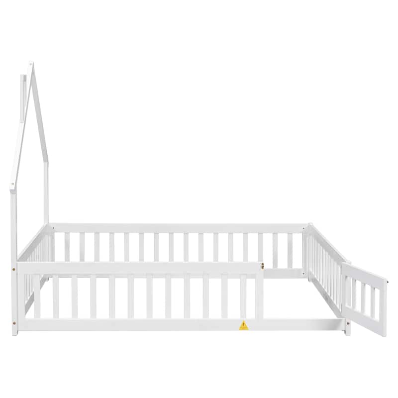 Toddler Floor Bed with House-Shaped Headboard, Fence and Door, No Slats House Floor Bed Frame for Children's Room Kids Bed