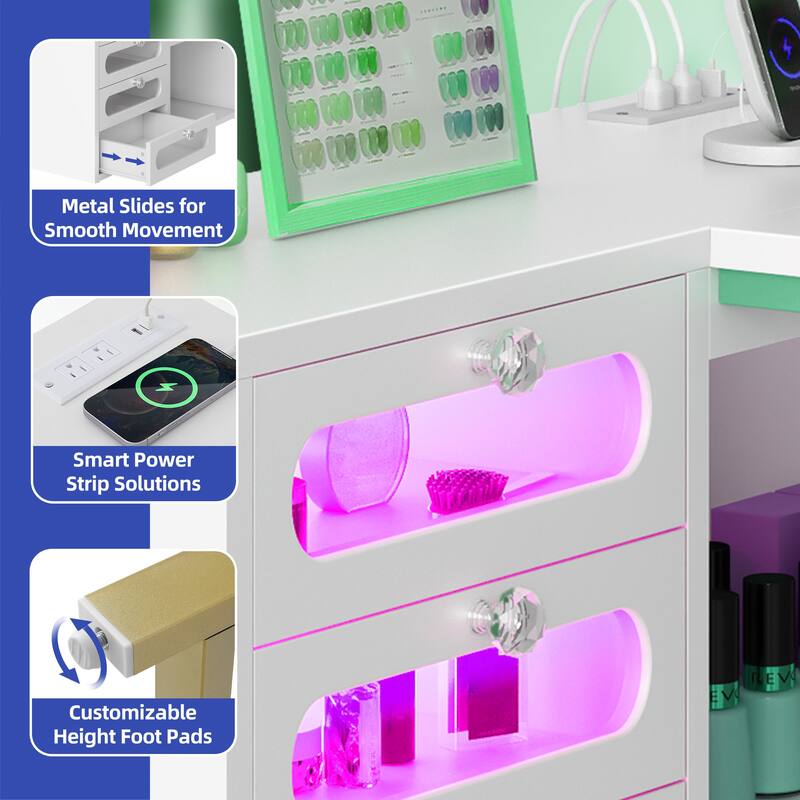 L Shaped Nail Desk with Stool RGB Lights USB Outlets and Drawers for Home or Studio