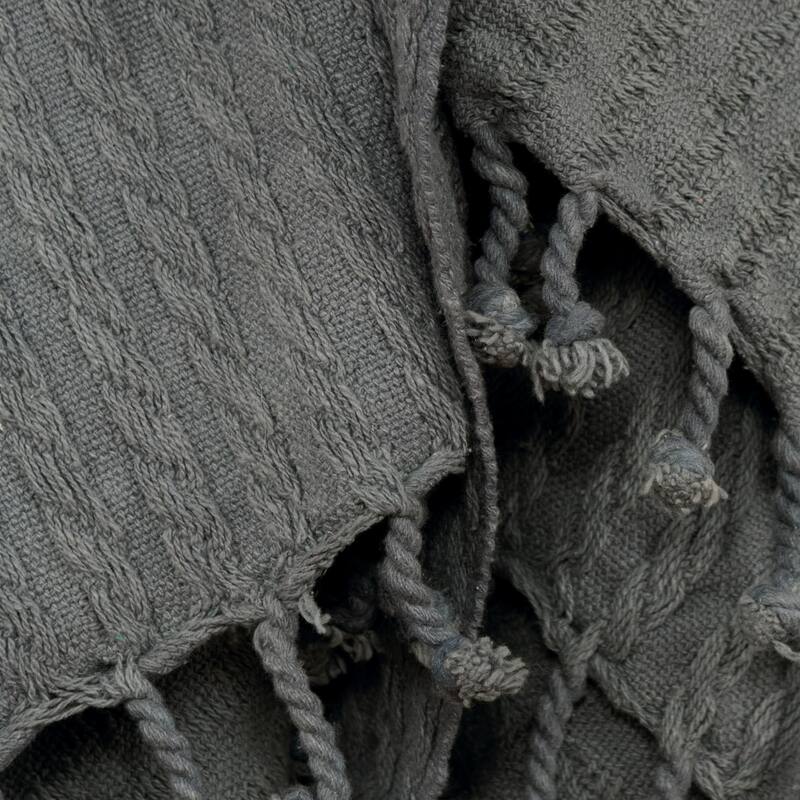 HomeRoots 50" X 60" Gray Cotton Knitted Striped Throw Blanket with Tassels