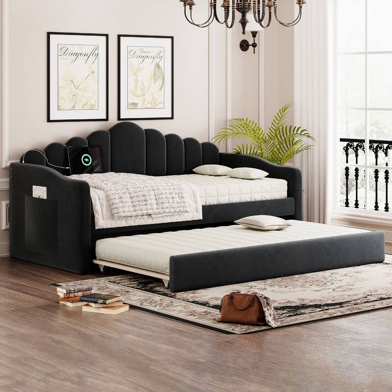 Twin size Upholstered Daybed with Trundle ,Velvet Sofabed with USB Charging Ports,No Box-spring Needed,Black - Black
