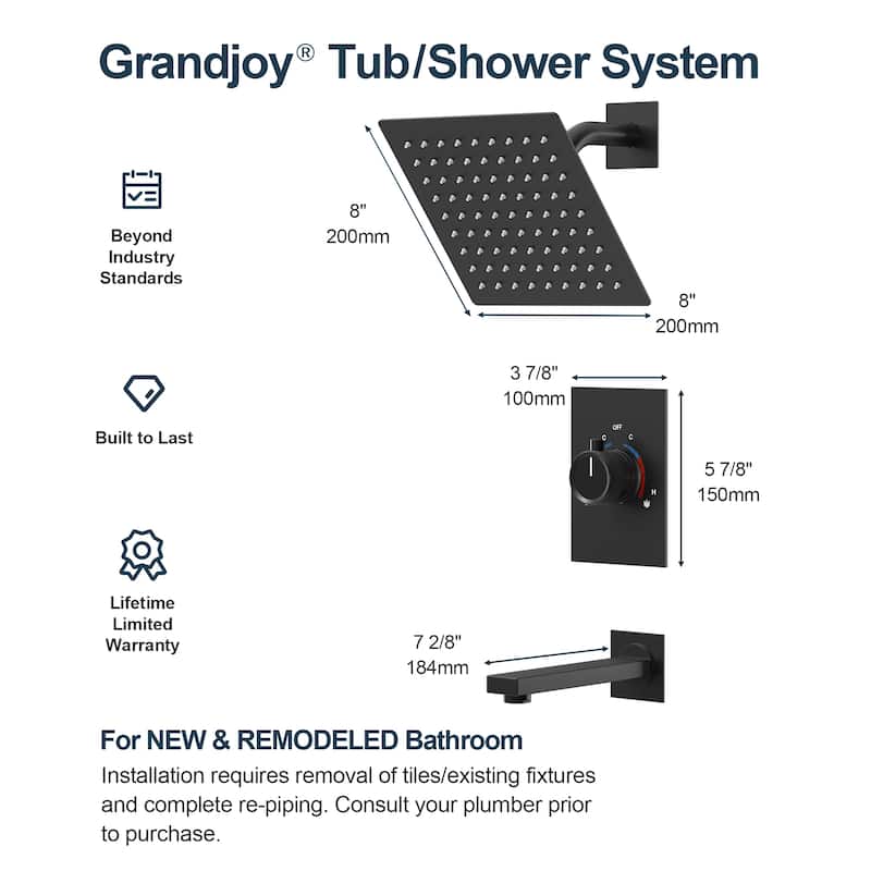 GRANDJOY Wall Mount Shower Head with Tub Spout 8 inch High Pressure Shower Faucet Set