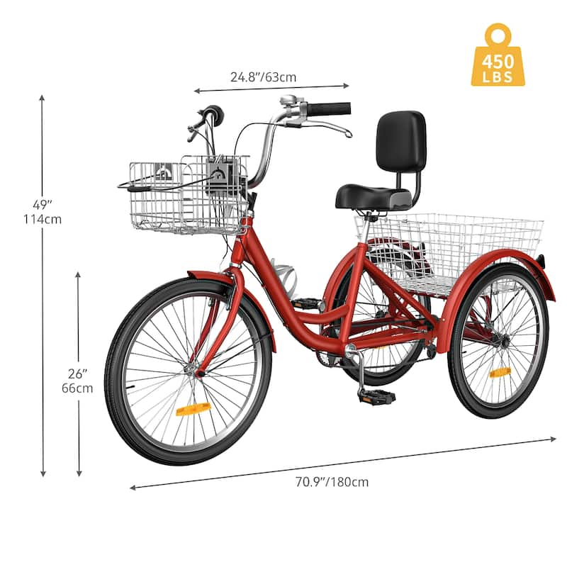 24"/"26" 7-Speed Adult Tricycle Trike 3-Wheel Bikes w/Removable Basket