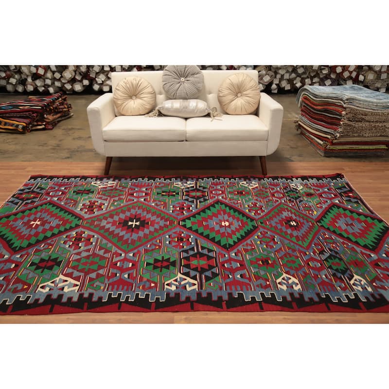Hand Woven Oriental 100% Wool Carpet Southwestern Tribal Navy Blue & Blues Kilim Area Rug - 8' 11'' X 5' 9''