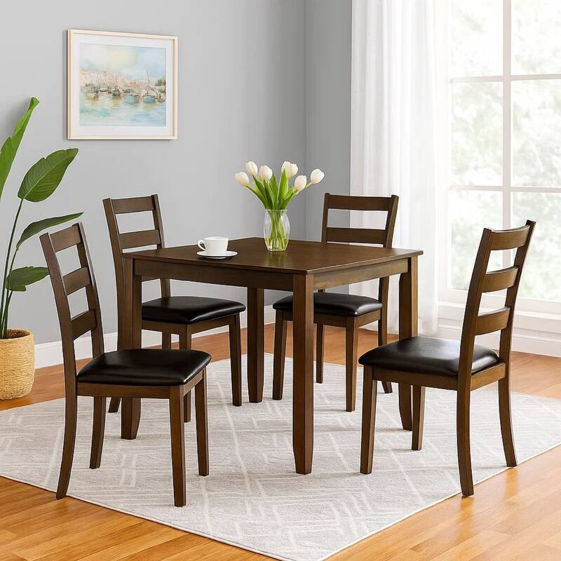 5 Piece Dining Table Set with Leatherette Seating, Brown