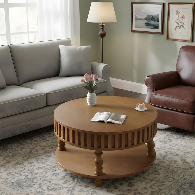 Farmhouse Fluted Coffee Table with Storage and Flip-Top Lids