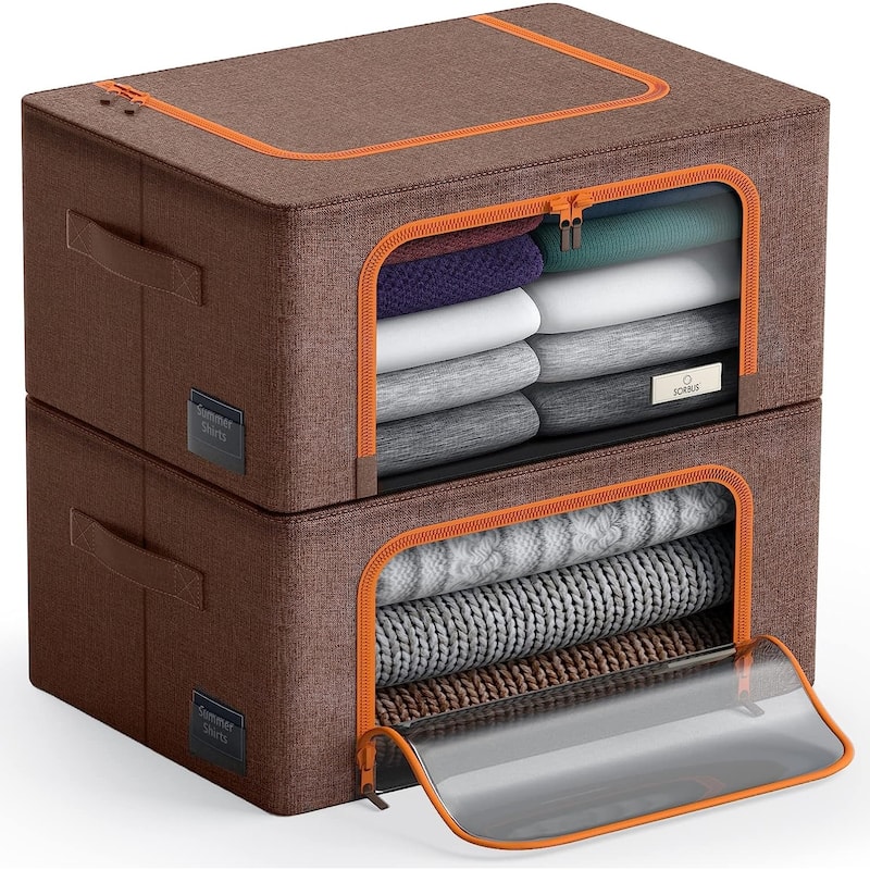 Sorbus Oxford Fabric Storage Bins: Stackable, Foldable Organizer Bags, with Clear Window (Set of 2) - Brown