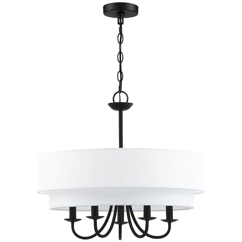 Martina 5-Light Black Chandelier Light with White Double Drum Shade - 21.5"W