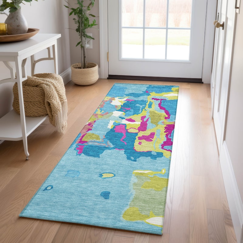 Machine Washable Indoor/ Outdoor Abstract Glam Chantille Rug - Aqua - 2'3" x 7'6"