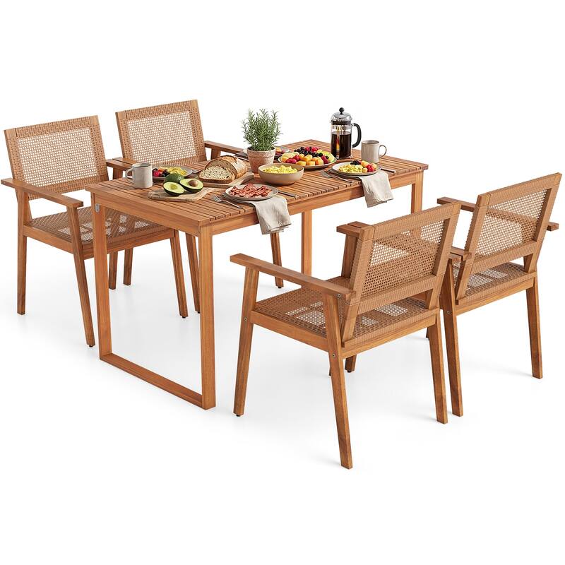 Gymax 5PCS Acacia Wood Dining Set Outdoor Table & Rattan Chairs for - Natural
