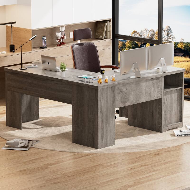 Modern Farmhouse Lift Top L-Shaped Desk with Charge Station, Corner Desk with File Drawers for Home Office