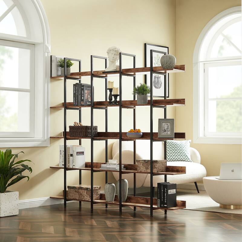 5 Tier Bookcase Home Office Open Bookshelf, Vintage Industrial Style Shelf, MDF Board, Black Metal Frame