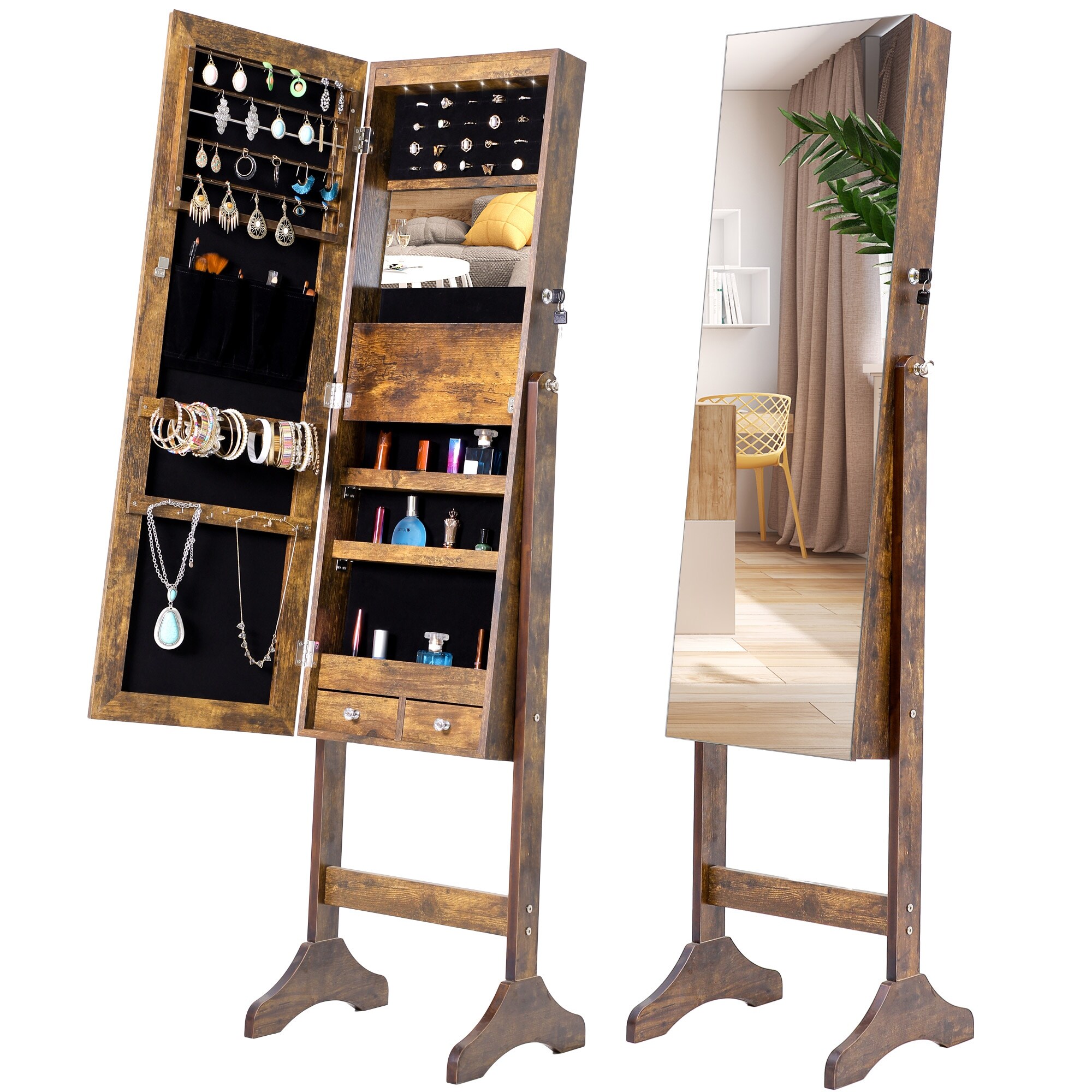 Fashion Simple Jewelry Storage Mirror Cabinet With LED Lights,For Living Room Or Bedroom - Antique Gray