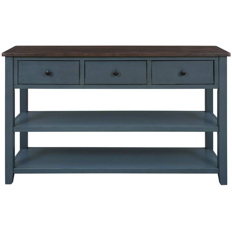 Retro Design Console Table with Two Open Shelves, Pine Solid Wood Frame and Legs