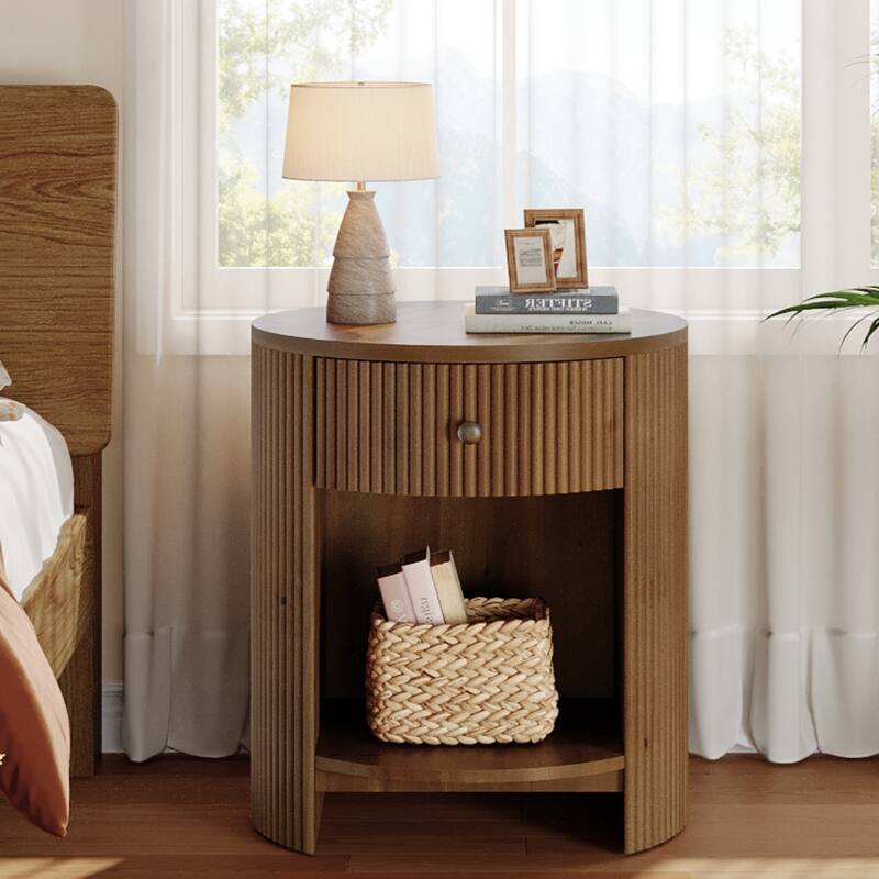 Round Nightstand with Drawer, No Assembly Required End Table for Living Room, Bedroom, Couch - 1-PC