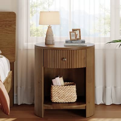 Round Nightstand with Drawer, No Assembly Required End Table for Living Room, Bedroom, Couch