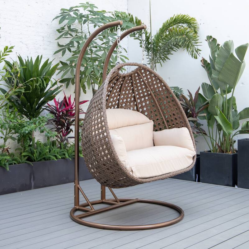 LeisureMod Mendoza Dark Brown 2 Seater Wicker Patio Hanging Double Swing Chair for Patio Porch Backyard Garden - 53"
