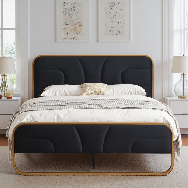 Modern Velvet Platform Bed - Black - Queen