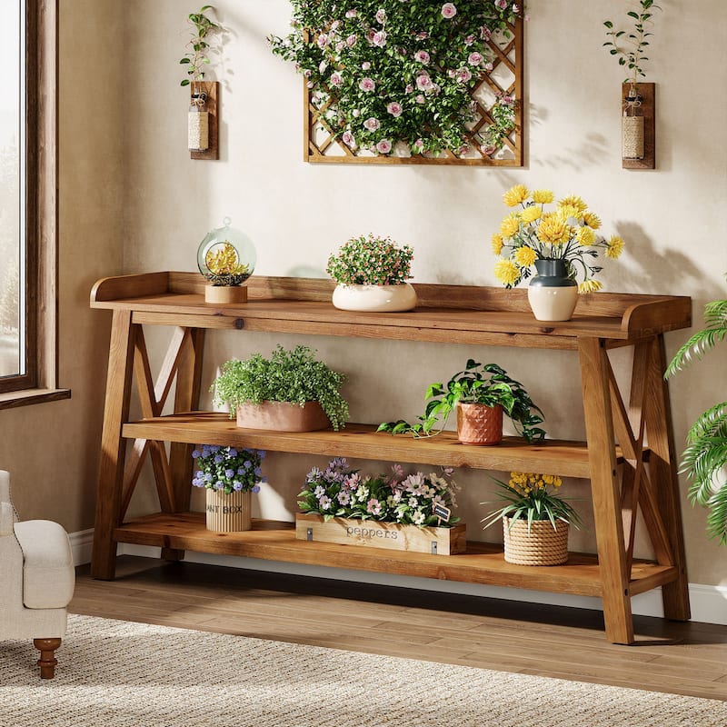63-Inch Solid Wood Console Table with X-Shaped Frame, 3-Tier Storage - 62.99" L x 13.78" W x 35.83" H