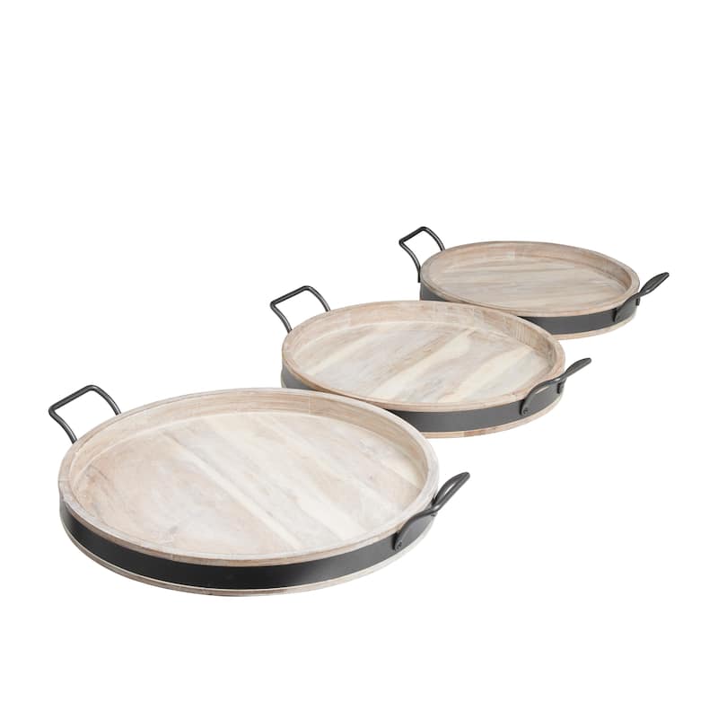 Mango Wood Nesting Living Room Decor Tray with Black Metal Handles - Set of 3 Cream or Brown - Roche River Decor