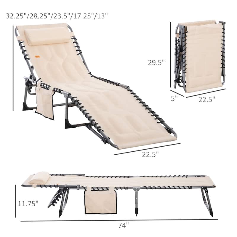 Outsunny Folding Chaise Lounge Chair, Outdoor Padded Reclining Chair with 5-position Adjustable Backrest, Pillow and Pocket