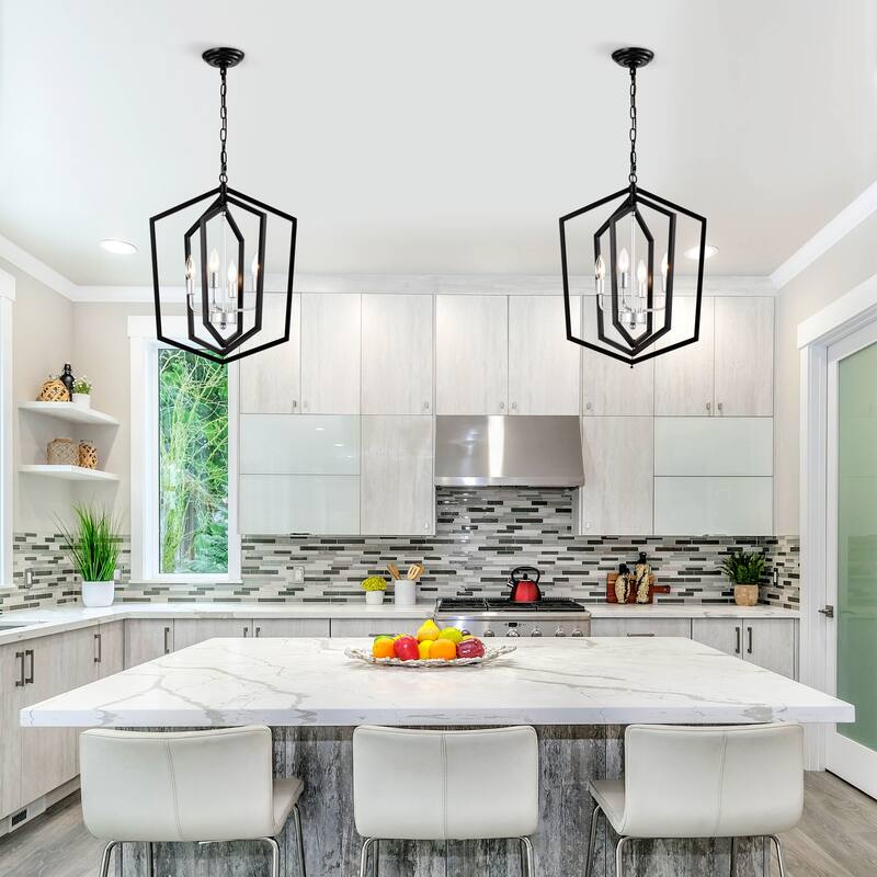 4-Light Farmhouse Kitchen Chandeliers, Rustic Cage Light Fixture Adjustable Height Chandeliers for Dining Room Hallway