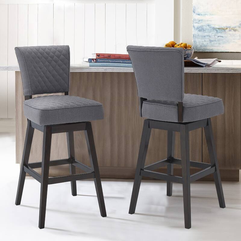 26-Inch Grey Tufted Fabric Swivel Bar Stool with Footrest and Solid Wood Frame Espresso Finish - 41.5”H x 19.5”W x 23.5”D