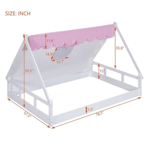 dimension image slide 0 of 2, White and Brown Full Size Wooden Tent Bed with Fabric, Platform with Fence and Roof