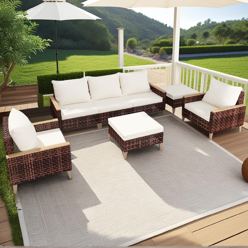 5-Piece High Footed Hollowed Out Rattan Furniture Set - 7-Seat Sofa Set with Cushions