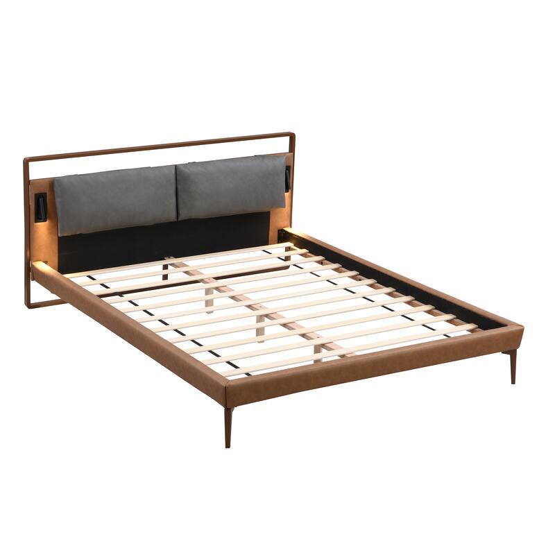 Roomfitters Faux Leather Platform Bed Frame with Integrated Reading Lamps and Wood Slats, Brown and Grey