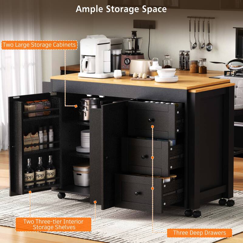 74.8" Kitchen Island with Extendable Dining Table and 3 Drawers