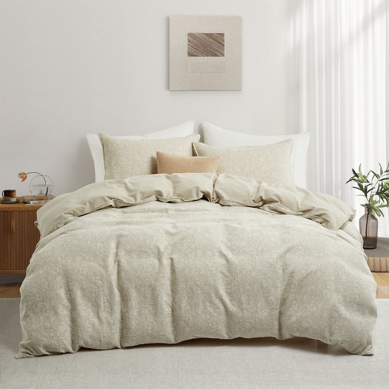 Floral Jacquard Cotton Linen Blend Duvet Cover Set, Bedding Set with Pillowcases - Twin