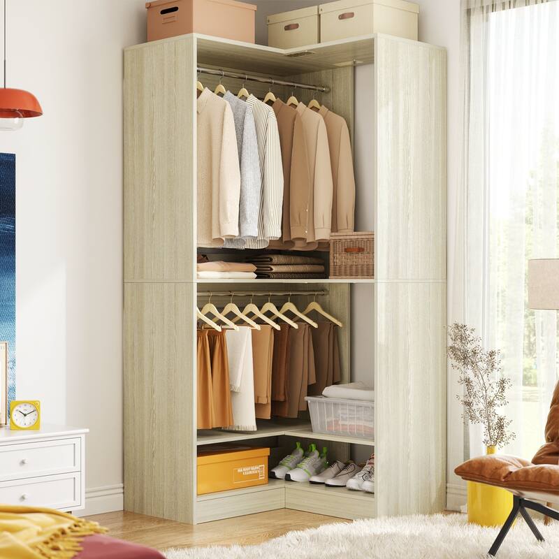 Qvella 31.5'' W Corner Closet System with Hanging Rods and Shelves,Corner Wardrobe Closet Organizer for Walk-in/Reach-in Closet - White Oak