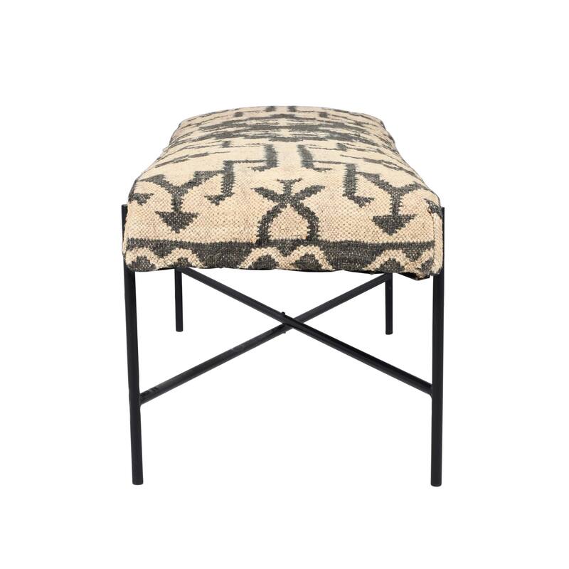HomeRoots 48" Cream and Black Cotton Blend Upholstered Southwest Bench - 48' X '18' X '16