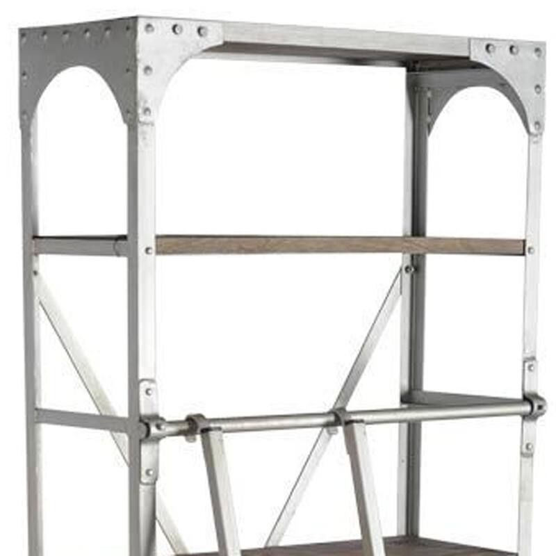 HomeRoots 32" Light Brown And Nickel Metal and Solid Wood Five Tier Library Bookcase with Two Drawers