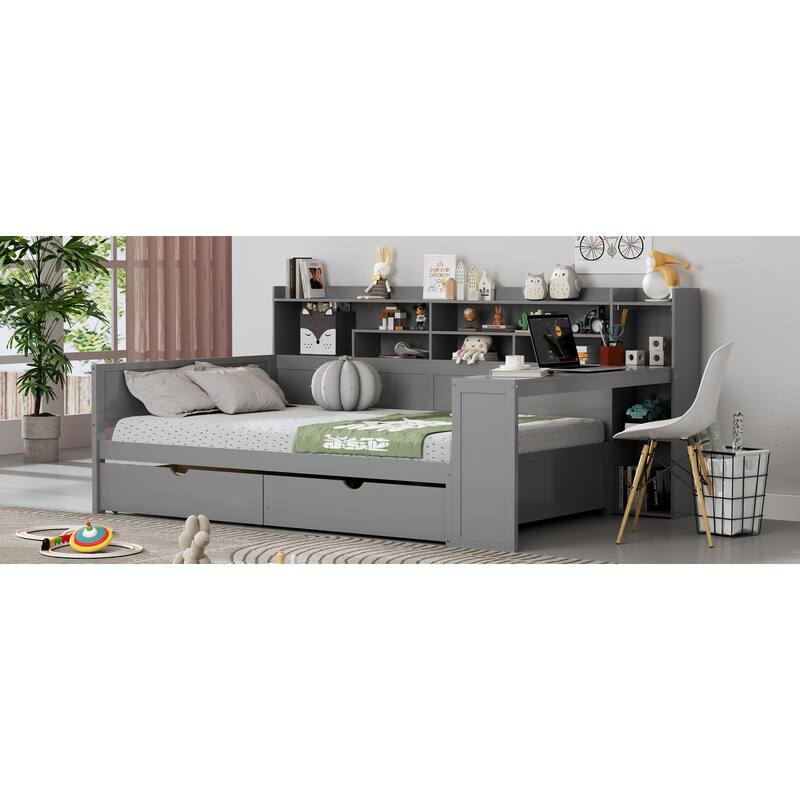 Wooden Full Size Daybed with Storage Shelves, Multi-functional Bed with Two Storage Drawers and Study Desk