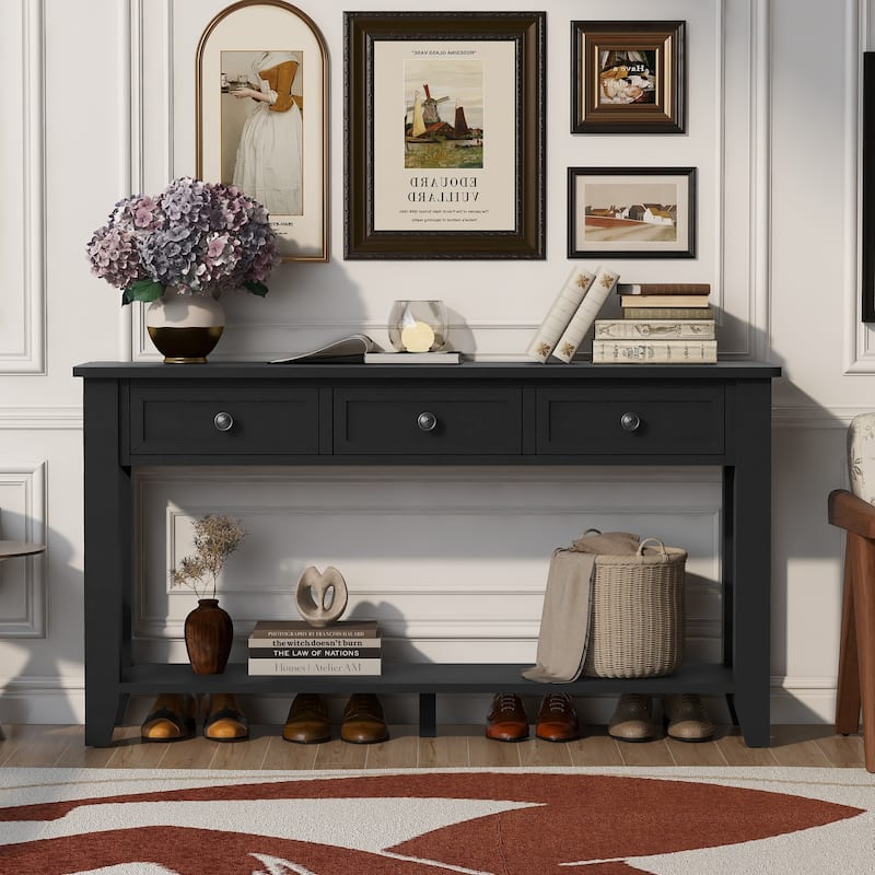 55.4" Modern Entryway Console Table With Three Storage Drawers,Sideboard With Poplar Legs And Metal Handles,Narrow Sofa Table - Black