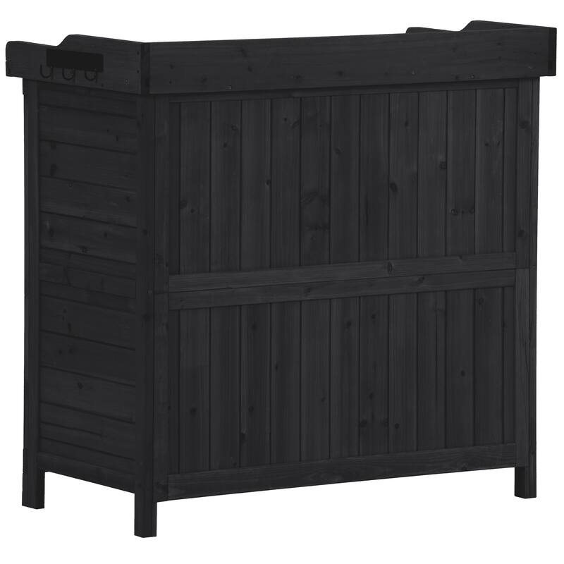 Patio Garden Potting Bench Table, Outdoor Garden Wooden Storage, Patio Workstation with 2-Tier Shelves and Side Hook