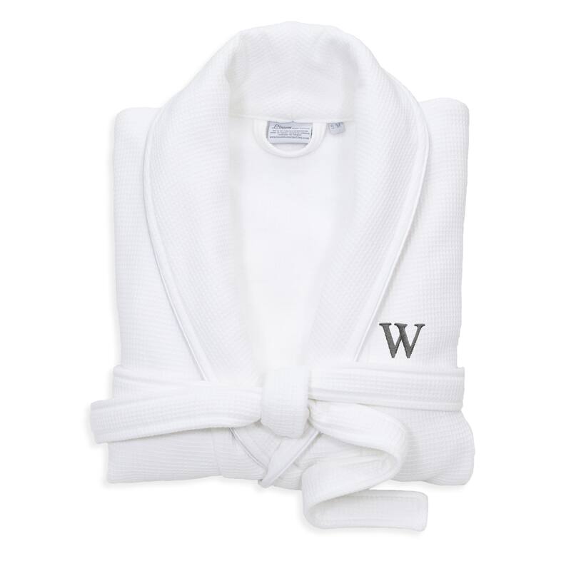 Authentic Hotel and Spa White Unisex Turkish Cotton Waffle Weave Terry Bath Robe with Grey Block Monogram - L/XL - W