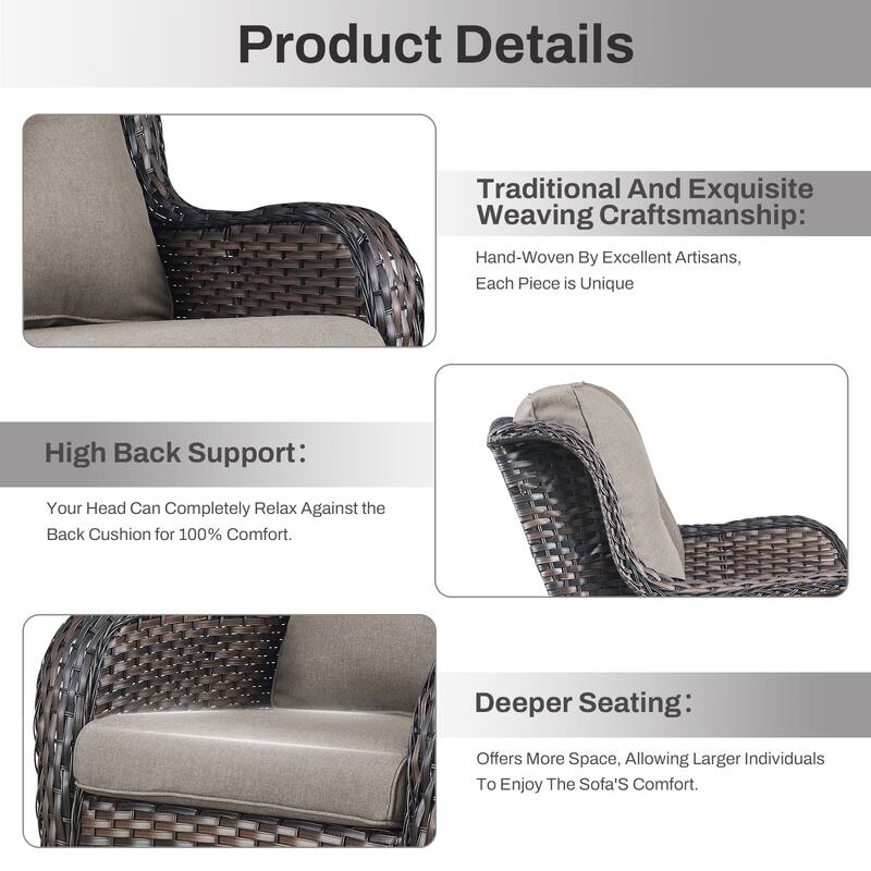 Gymojoy 7-Piece Outdoor Wicker Set with 4 Swivel Rockers & 55,000 BTU Fire Pit Table for Patio